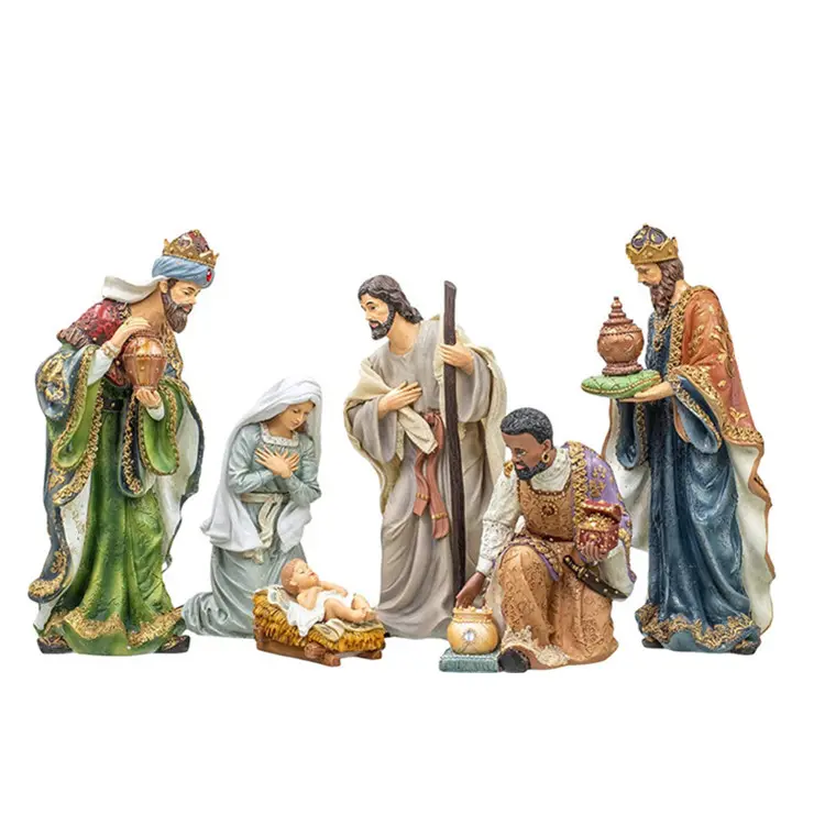पवित्र परिवार जन्म प्राकृतिक 13 इंच राल 6 राल क्रिसमस की छुट्टी मूर्तियों सेट जन्म मूर्ति