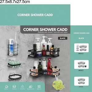 Nouvelle conception de panier de douche d'angle de salle de bain en métal sans perçage, 5 en 1, étagère de salle de bain adhésive, organisateur de rangement avec crochets - Product Image 4