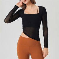 Bra Olahraga Wanita Model Dua Bagian Berbahan Mesh dengan Cup Tetap, Cocok untuk Pakaian Luar Saat Lari, Fitness, Yoga, Atasan Lengan Panjang untuk Musim Gugur