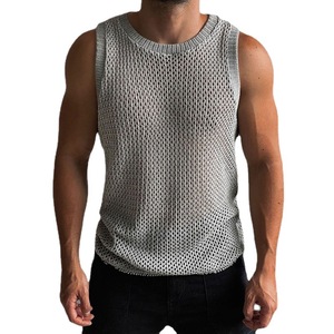 Chaleco sin mangas de punto calado para hombre, cuello redondo, ajuste ceñido, estilo camiseta sin mangas, color liso, malla, blanco roto, gris, negro, tallas M L - Product Image 4