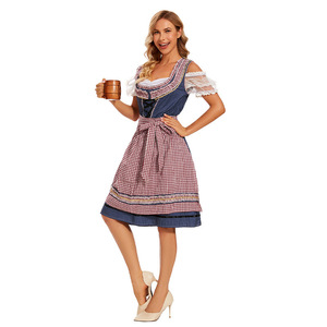 Yi Xiaoyi Dirndl Dress Set Women Traditional Bavarian Costume <b>Red</b> Checkered Apron Style Beer Festival Outfit Adult Size - Product Image 2