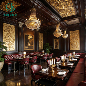 Ensemble de table et de chaises de café rondes en bois de style européen classique, banquette en cuir rouge semi-circulaire, ensemble de meubles de restaurant - Product Image 3