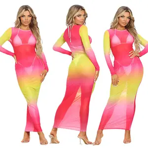 도매 여성 섹시한 투명 드레스 레인보우 컬러 메쉬 긴 소매 클럽 드레스 패션 섹시한 드레스