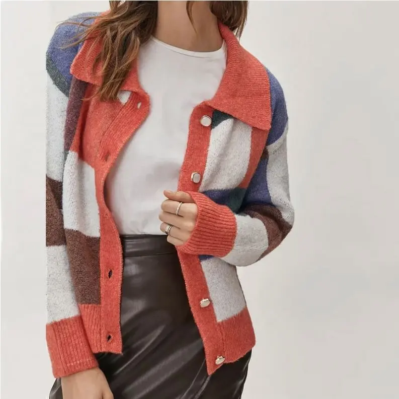 새로운 패션 숙녀 크루넥 탑 OEM 스웨터 옷깃 여러 가지 빛깔의 격자 사용자 정의 니트 카디건 스웨터 여성