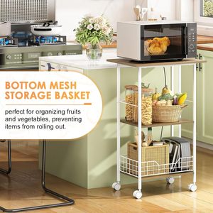 Carro de microondas con almacenamiento, estante de cocina rodante de tres niveles con cesta, barra de café, estante de panadería de isla pequeña - Product Image 2