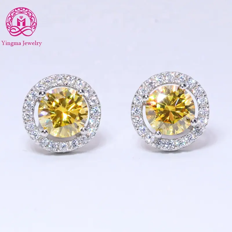 เครื่องประดับแฟชั่นผู้หญิงต่างหูสตั๊ด 0.5ct 1 กะรัต 2ct รอบตัดสีเหลือง moissanite ต่างหูเพชรที่มีใบรับรอง GRA