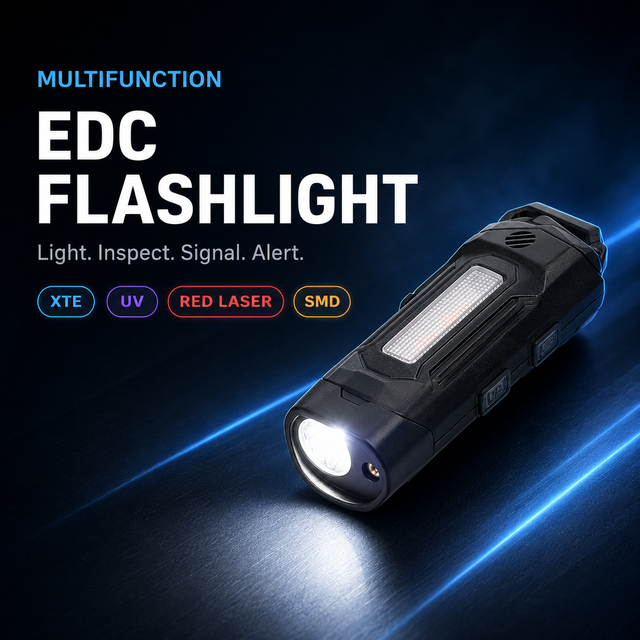Multifunctional EDC Flashlight with UV Light Red Laser Pointer Emergency Alarm USB Rechargeable Mini High CRI 90 Inspection