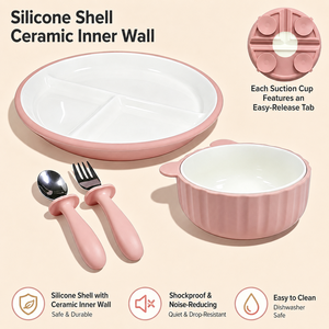 Platos Divididos de Cerámica para Niños Pequeños, Platos y Tazones de Porcelana de 4 Piezas con Base de Silicona Antideslizante, Libres de BPA - Product Image 1