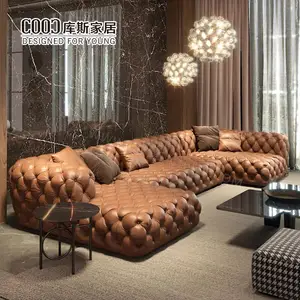 Décor à la maison grand canapé sectionnel Chesterfield salon moderne luxe meubles en cuir véritable ensemble de canapés