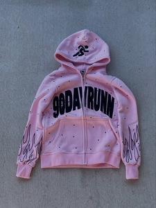 <b>Red</b> Rhinestone Zip Up <b>Hoodie</b> Men Sweatshirt Distressed Letter Graphic Hooded Jacket Casual Streetwear - Product Image 4