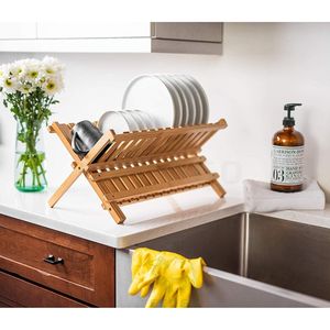 Porte-vaisselle pliable en bambou pliable, support d'assiette, support de plaque de passoire de séchage de tasse pour la cuisine - Product Image 6