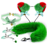 Nouvel ensemble de bondage cosplay Ninghao : serre-tête oreilles de chat en peluche rouge et vert, queue moelleuse, collier ras-du-cou en dentelle avec fermoir métallique, pinces – Jouets sexuels pour adultes
