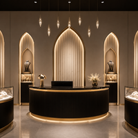 Aménagement intérieur de bijouterie de luxe de style brutaliste, vitrine arquée noire et or sur mesure et aménagement de boutique pour centres commerciaux de luxe