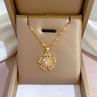 Kalung Liontin Bunga Zirkon Elegan Lapis Emas 18K Rantai Baja Anti Karat Model Gelombang Air Perhiasan Wanita Tahan Air