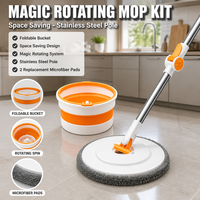 Kit de Mopa Giratoria Mágica con Cubeta Plegable, Diseño que Ahorra Espacio, Palo de Acero Inoxidable, Equipado con Dos Almohadillas de Microfibra de Repuesto