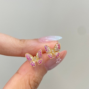 อาซูโอ 18K ทองคำแท้สีเหลืองธรรมชาติสีชมพูแซฟไฟร์เพชรแท้ต่างหูผีเสื้อของขวัญผู้หญิงงานหมั้นงานแต่งงาน - Product Image 4