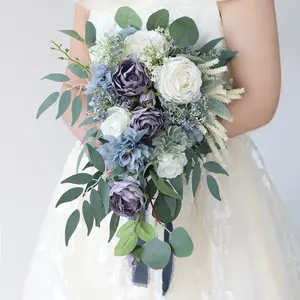 بيع بالجملة-لوصيفات العروس-باقة زهور الزفاف-يد قطرة ماء زرقاء