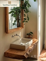 Solid Wood Live Edge Luxury Eco-Friendly Silent Wind Design Bathroom Vanity Shelf | Wall Mounted Rustic Sink Console Mirror