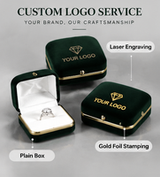 Boîte à bijoux élégante en velours de qualité supérieure, fermeture à pression carrée, ton vert foncé, bord doré, logo personnalisé, cadeau de mariage ou de fiançailles