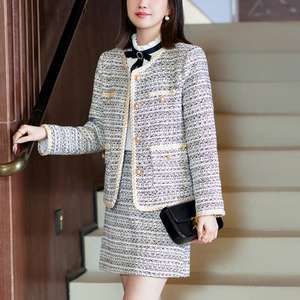 Abbigliamento Casual a girocollo tinta unita personalizzato autunno Mini gonna con bottoni Blazer lungo elegante Set 2 pezzi completo <span class=keywords><strong>Tweed</strong></span> da donna - Product Image 6