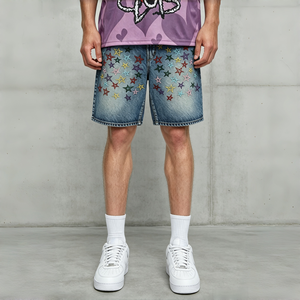 Aged Fade Rainbow Star Stitching Baggy Fit Denim Bermudas Mid Length Straight <b>Jean</b> Bottoms for Men Retro Hip Hop Daily Casual - Product Image 1