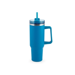 Bicchiere in acciaio inossidabile blu da 1,2 litri con cannuccia e manico per bevande fredde - Product Image 1