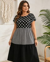 Robe décontractée à volants pour femmes, grande taille, imprimé pois noir et blanc, patchwork gingham, manches courtes à volants, robe d'été