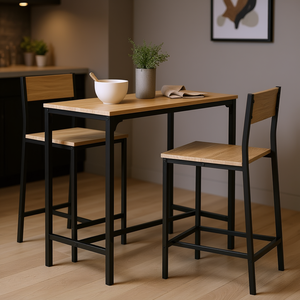 Ensemble table et chaises de bar en chêne avec repose-pieds pour 2 personnes, design contemporain et moderne, forme rectangulaire, structure en métal - Product Image 2