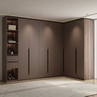 Armoire d'angle moderne en forme de L BALOM, avec tiroirs à fermeture douce, étagères ouvertes à LED, en MDF, pour chambre à coucher