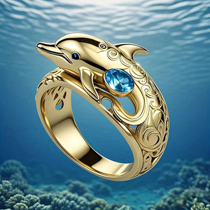 Anello con motivo a nuvola di delfini per donna, gioiello da dito alla moda in stile oceano - Product Image 2