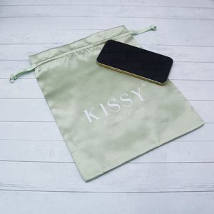 Luxury Green Satin Gift <b>Drawstring</b> <b>Pouch</b> Big Storage Bag Customize logo Satin Bags for Packaging - Product Image 3