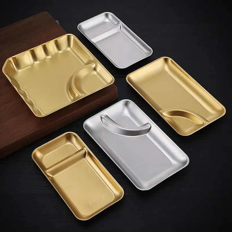 High Quality Stainless Steel Dumpling Plate Golden Metal Fried Chicken Potato Chips Salad Dinner Separated Tray