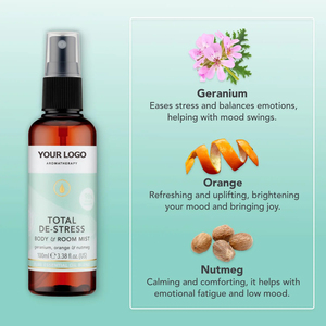 Spray Corporel Anti-Stress à Marque Blanche aux Huiles Essentielles <span class=keywords><strong>de</strong></span> Géranium, Muscade et Orange <span class=keywords><strong>pour</strong></span> Apaiser, Éléger et Relaxer - Product Image 3