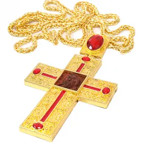 ZD011木质图标金色东正教教堂胸廓项链，带红色宝石十字吊坠和合金大长链