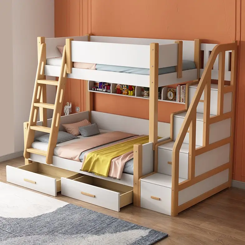 سرير بطابقين للأطفال, سرير توأم كامل مزدوج فوق المساحة يوفر للبنات سرير بطابقين للبالغين مع تخزين على شكل سلم وسرير بطابقين خشبي