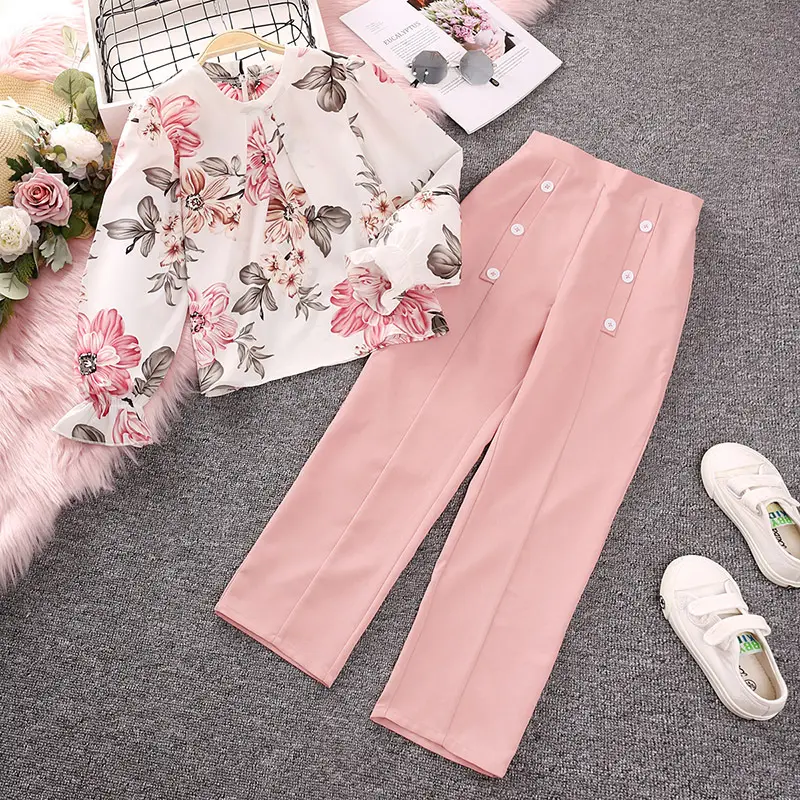 Boutique New Arrival Spring Fashion Long Sleeves Floral Blouse And Solid Trousers Girls Clothing Set For 8-12Y Kids