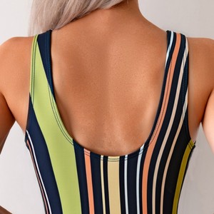 Maillot de bain une pièce imprimé rayé taille haute pour femme SMLXLXXL en polyester – Maillot de bain tendance - Product Image 3