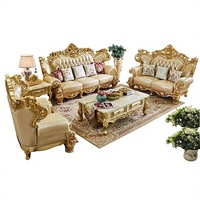 Canapé en cuir véritable de style européen, ensemble 123, cadre en bois de chêne sculpté, canapé de luxe pour salon, grandes maisons, villas