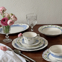 Mangkuk Porselen Prancis Nordik, Peralatan Makan Rustic Motif Bunga, Piring Makan Keramik Berkualitas Tinggi, Piring Kue/Dessert, Peralatan Makan Vintage