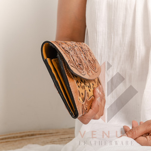 High Quality Women's Genuine Leather Purse Wallet Fashionable <b>Long</b> Design Clutch <b>Bag</b> with Open Closure and Decorative Feathers - Product Image 5