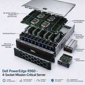 خادم PowerEdge R960 4U للتركيب على الرفوف مع 24x2.5 بوصة NVMe SSD وذاكرة وصول عشوائي 32 جيجابايت ومعالج Intel Xeon من الجيل الرابع بسرعة 3.3 جيجاهرتز ووحدة تحكم RAID PERC H755 وقوة 800 واط - Product Image 1