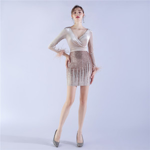 31338 # Comercio Exterior 2024 Nuevo Camello Pajaro Pelo Perlas Terciopelo Costura Cadera-envolto Manga Larga Corto Vestido - Product Image 2