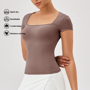T-shirts à manches courtes et col carré personnalisés pour femmes Fitness Quick Dry Basic Tee Slim Fit Tops - Product Image 4
