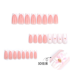 Ongles press-on carrés blancs en acrylique style français, couvrance totale, avec revêtement floral 3D, longueur moyenne, à coller – Meilleures ventes - Product Image 2