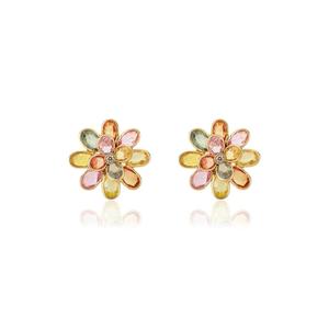 Multi Sapphire & Diamond <b>Earrings</b> | 3x2mm & 5x3mm Oval Multi Sapphire 5.10 Ct | 1.80mm Round Diamonds | 14K Yellow Gold <b>Earrings</b> - Product Image 2