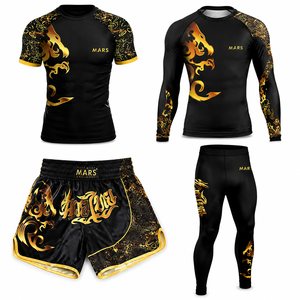 Conjunto de 4 Piezas Black Gold <span class=keywords><strong>Dragon</strong></span>: Shorts de Muay <span class=keywords><strong>Thai</strong></span>, Rashguard, Pantalones de Compresión, Logotipo Personalizado, OEM, ODM, MOQ Bajo, Directo de Fábrica - Product Image 1