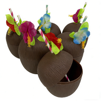 Lot de 6 gobelets en noix de coco avec pailles à fleurs d'hibiscus pour décorations de fête d'anniversaire sur le thème tropical hawaïen, plage, piscine, été