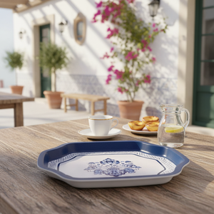 Bandeja de Servir de Madera Inspirada en Azulejos Kontensan, 160x190mm, Borde Curvo Ondulado, Elegante Patrón Decorativo Azul y Blanco, MDF Mother EE167T6 - Product Image 3