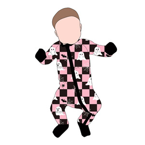 Piyama Bayi Bambu Motif Pink Halloween Merek Terkenal Custom Romper Bayi Bambu Lembut dengan Ritsleting untuk Anak Laki-laki dan Perempuan Grosir - Product Image 5