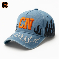 Gorra de mezclilla desgastada con bordado de llama CN para hombre y mujer, azul claro, estilo snapback, streetwear vintage, naranja 3D, ajustable, gorras nuevas